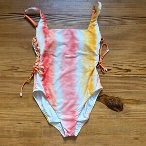 Sanctuary pink yellow orange tie dyed lace side one piece swimsuit SIZE L